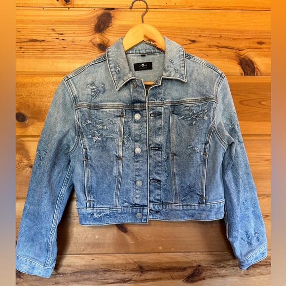 RETAIL $248 Seven for all mankind distressed cropped Jean jacket light denim - Picture 9 of 9